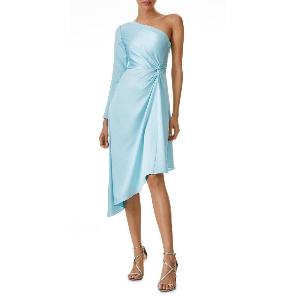 ALICE + OLIVIA Dora One Shoulder Asymmetrical Dress XL Satin Midi Wedding Prom